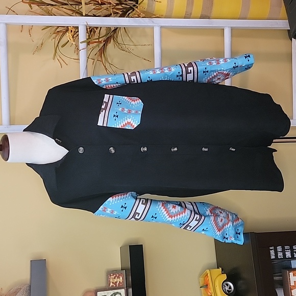 Aztec button down, teal, black long sleeve, shacket - Picture 8 of 8